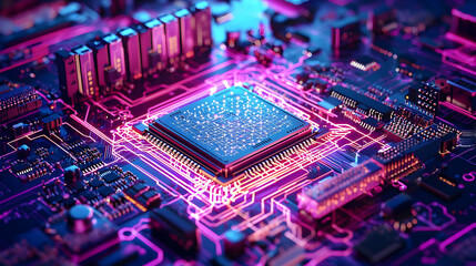 Poster - Close Up View Of Glowing Circuit Board With Microchip