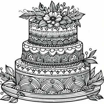 Black and White Outline of a Layered Decorative Cake