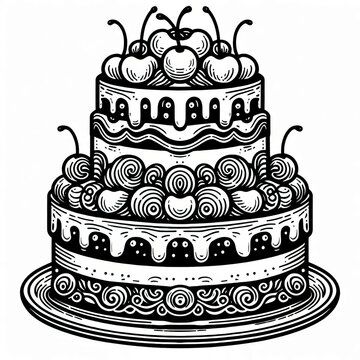 Black and White Outline of a Layered Decorative Cake