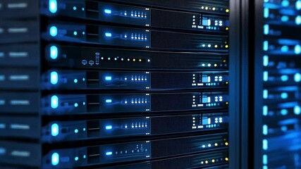 Poster - Digital Fortress: A detailed view of rows of servers humming with activity in a state-of-the-art data center, bathed in a cool blue glow. Showing a robust and interconnected digital infrastructure.
