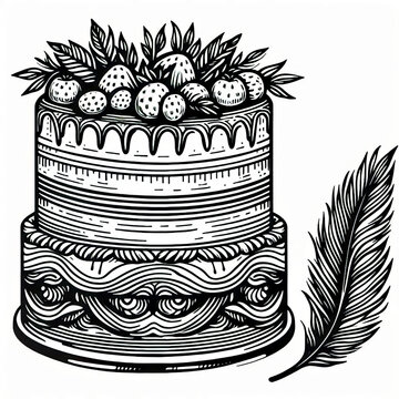 Black and White Outline of a Layered Decorative Cake