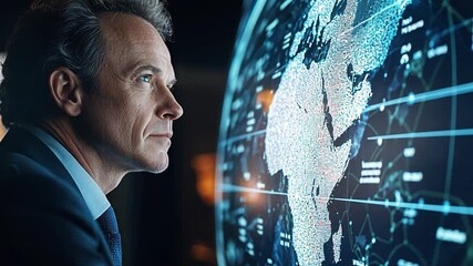 Poster - Global Vision: A determined executive gazes intently at a high-tech world map, symbolizing strategic planning and visionary leadership in a modern business context.