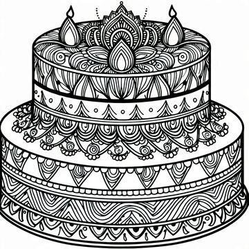 Black and White Outline of a Layered Decorative Cake