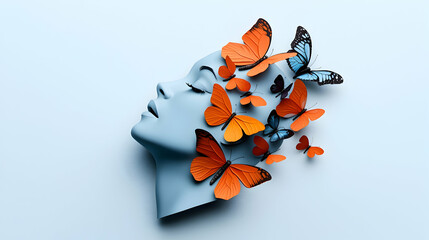 Poster - Serene Profile of a Woman Adorned with Orange and Blue Butterflies