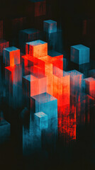 Poster - A black and white photo of a cityscape with blue and red cubes. The image has a modern and abstract feel to it, with the blue and red cubes creating a sense of depth and dimension