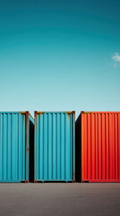 Poster - Three large shipping containers, one blue and two red, are lined up next to each other. The blue container is taller than the red containers, with the red container being slightly shorter