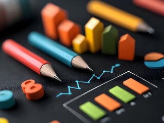 Poster - Detailed business analytics diagrams sophisticated data models and intricate statistical formulas displayed on a weathered chalkboard surface with vibrant color coded infographics