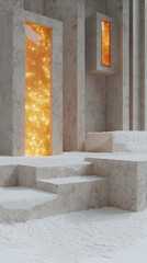 Poster - A room with a large window and a staircase. The window is lit up with a warm orange glow. The room has a minimalist design with a lot of white and grey elements