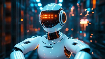 Poster - Futuristic Robot with Glowing Eyes: A sleek, futuristic robot with a polished white exterior and glowing orange eyes navigates a high-tech industrial setting.