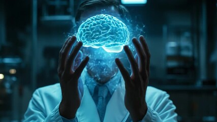 Poster - Brain in Hands: A visionary figure holds a luminous brain, illuminated with a striking blue hue, floating between hands and radiating a sense of scientific inquiry and innovation.
