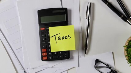 Poster - Several images showing a calculator with a sticky note saying taxes, pens, glasses, notepad, and a small plant on a white desk, perfect for tax season and financial concepts