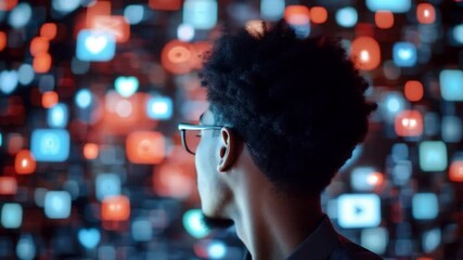 Poster - A Glimpse of the Digital Cosmos: A person, engrossed by a vibrant tapestry of digital icons, reflecting the modern world. Capturing the digital life and connectivity.