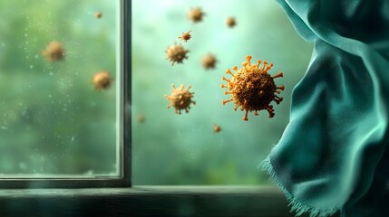Poster - Swirling microscopic virus forms hover near a window with delicate billowing fabric in a soft hazy scene