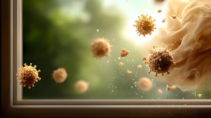 Poster - Swirling microscopic virus forms hovering near a window with delicate billowing fabric in a soft hazy scene detailed biological art Renaissance era inspired digital artwork