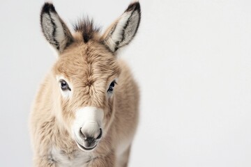 Aufkleber - Mini donkey standing proudly against a white background with soft shadows, showcasing its rustic charm and playful demeanor in a serene setting