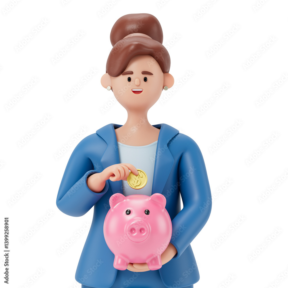 woman placing a coin in a piggy bank, symbolizing saving money or ...