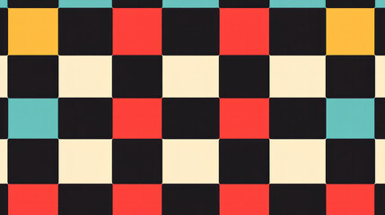 Poster - A colorful checkered pattern with black and white squares. The colors are red, yellow, and blue