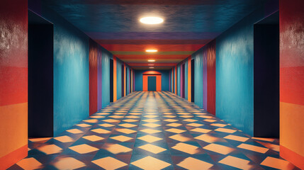 Poster - A long hallway with colorful walls and a checkered floor. The colors are bright and vibrant, creating a lively and energetic atmosphere. The checkered floor adds a sense of order