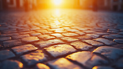 Poster - A close up of a brick walkway with the sun shining on it. The sun is casting a warm glow on the bricks, making them look almost golden. The scene is peaceful and serene