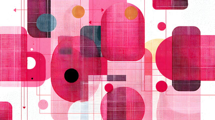 Poster - Abstract geometric design with vibrant pink patterns, circles, squares, and lines creating a modern and artistic digital artwork for backgrounds and graphics