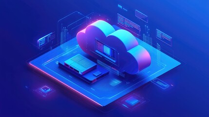 Poster - 3D neon cloud integrated with data chips and digital windows on a glowing platform. Ideal for cloud computing, AI solutions, big data services, and futuristic tech ads