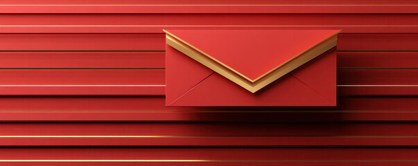 Poster - A red envelope with gold trim sits on a red background. The envelope is open and the gold trim is visible. Concept of anticipation and excitement