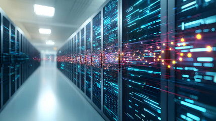 Poster - Modern Data Center Corridor With Glowing Digital Lines