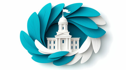 Poster - White Building Paper Art with Teal Swirl Background