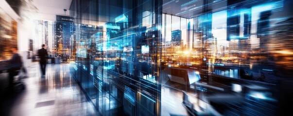 Poster - A dynamic urban workspace with glass walls, showcasing a city skyline enhanced by digital overlays, blending technology with modern architecture.
