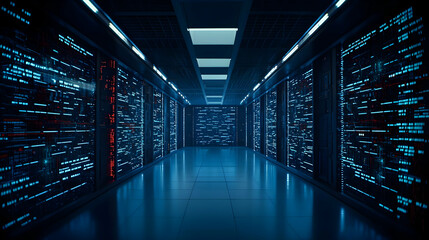 Poster - Futuristic Data Center Corridor With Glowing Panels