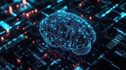 Poster - A digital representation of a brain with circuitry, showcasing the fusion of technology and neuroscience in a futuristic setting.