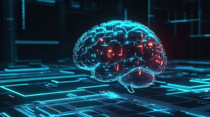 Poster - A digital representation of a brain illuminated with neon lights, symbolizing artificial intelligence and technology in a futuristic setting.