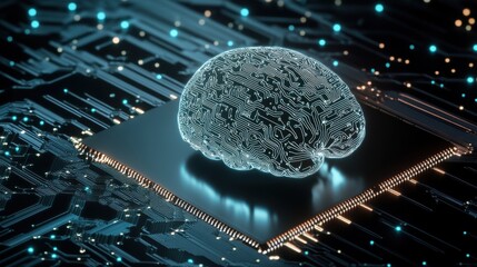 Poster - A digital brain model overlays a microchip, symbolizing the fusion of artificial intelligence and technology.