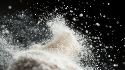 Poster - A close-up view of a hand dispersing fine particles, creating a dynamic burst of texture against a dark background.