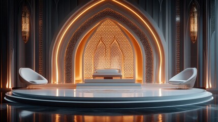 Poster - An ornate stage design with architectural details and modern chairs