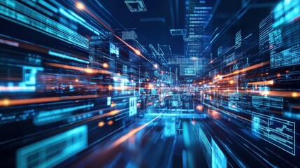 Poster - A futuristic digital cityscape with vibrant lines of light, conveying speed and technology in a high-tech environment.
