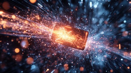 Poster - A dynamic image showcasing a smartphone emitting sparks and bursts of light, symbolizing power and technological advancement.