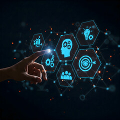 Poster - Digital Synergy: A hand reaches out, selecting a digital icon, symbolizing technological innovation and progress in an abstract, futuristic environment. 