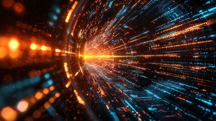 Poster - A vibrant tunnel of light and digital patterns, creating a sense of speed and motion through a futuristic landscape.