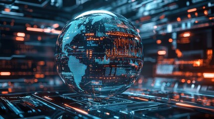 Poster - A futuristic digital globe surrounded by glowing circuits and data streams, symbolizing technology and global connectivity.
