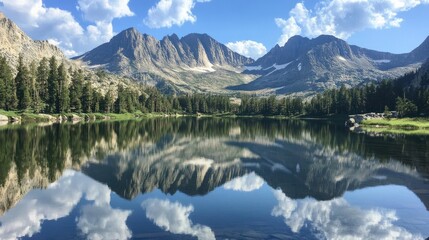 Poster - Serene mountain lake reflecting majestic peaks and clouds in a pristine landscape.