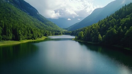 Aufkleber - Serene mountain lake surrounded by lush green forests under a partly cloudy sky.