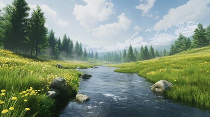 Aufkleber - Serene mountain river flowing through lush green meadow with wildflowers and snow-capped peaks in background.