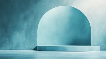 Poster - A minimalist space featuring a smooth turquoise backdrop with a rounded arch and a raised platform, evoking tranquility and modern design.