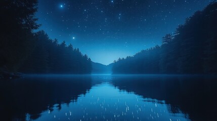 Aufkleber - Serene night scene of a calm lake reflecting a starry sky between dark, forested hills.