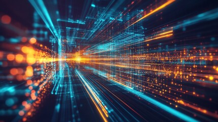 Poster - A vibrant digital scene depicting streams of light and data, suggesting speed and technological advancement in a 3D space.