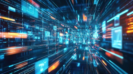 Poster - An abstract representation of digital data streams, featuring vibrant blue and orange lines, conveying speed and technology in a futuristic environment.