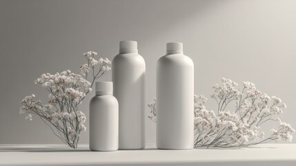 Poster - Minimalist display of three white bottles beside delicate flowers, creating a serene and elegant aesthetic.