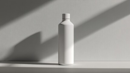 Poster - A minimalist white bottle stands against a textured gray wall, highlighted by soft shadows and natural light.