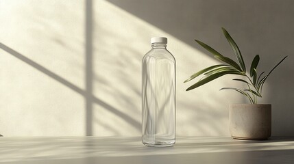 Poster - A minimalist scene featuring a clear glass bottle and a potted plant, with soft shadows cast by natural lighting on a simple surface.